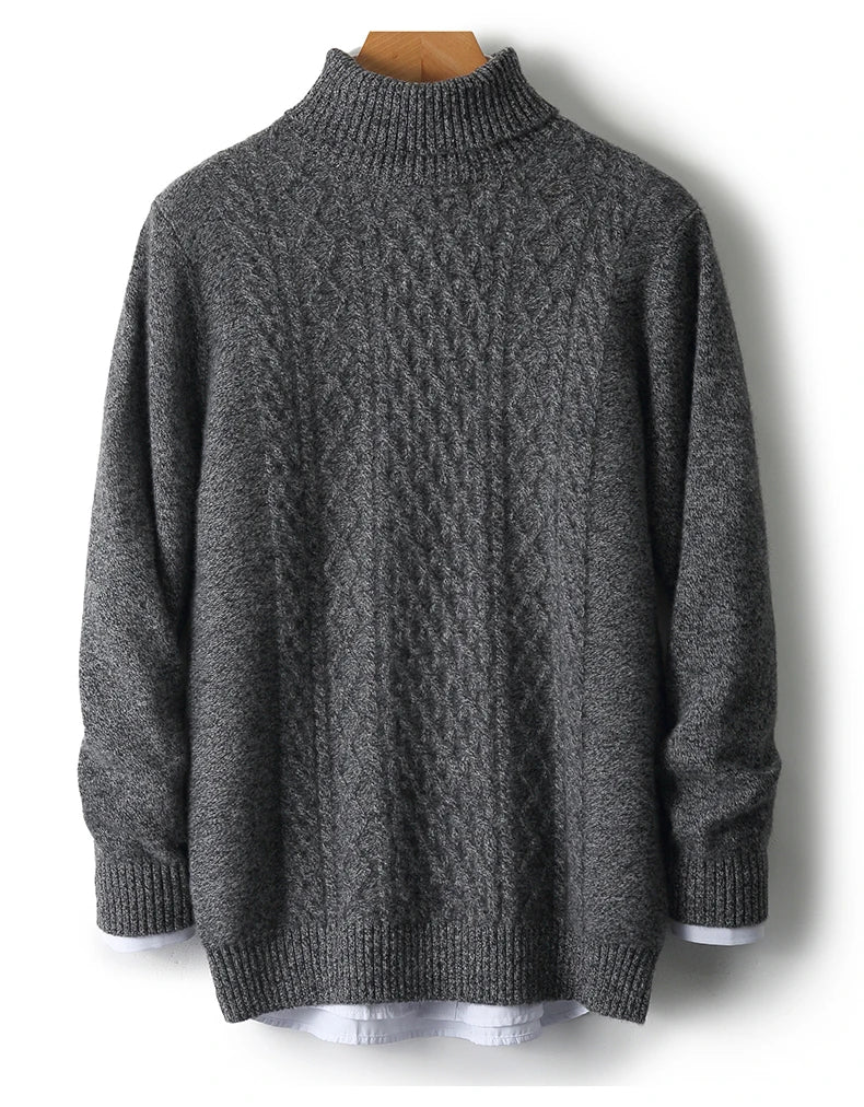 Fall/Winter 100% Wool Men's Turtleneck Thicken Sweater Jacquard Solid Cashmere Knitted Bottom Shirt