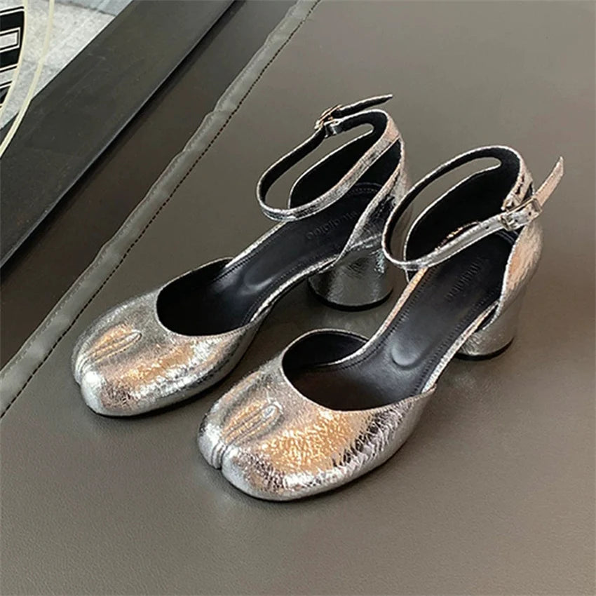 Tabi  Sandals Women Brand Designer Cross Ankle Strap Buckle Slingback Chunky High Heels 5CM Elegant Mary Jane Split-toe Shoes