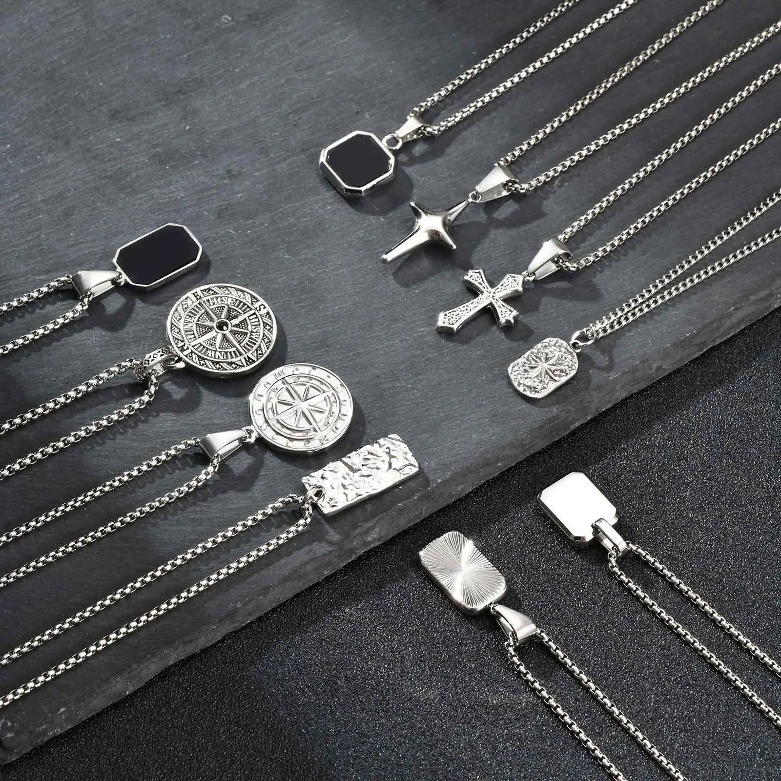 Men's Silver Color Geometric Pendant Necklace, Non Fading Stainless Steel Compass Necklace with Chain, Stylish Jewelry Gifts
