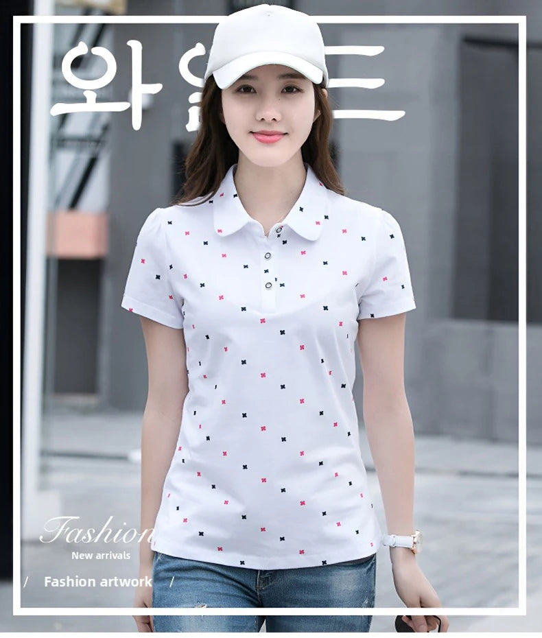 Women's Summer Cotton Shirt - Slim Fit Foldable Flip Collar Short Sleeve Printed Casual Top Trendy Button Design Fashion