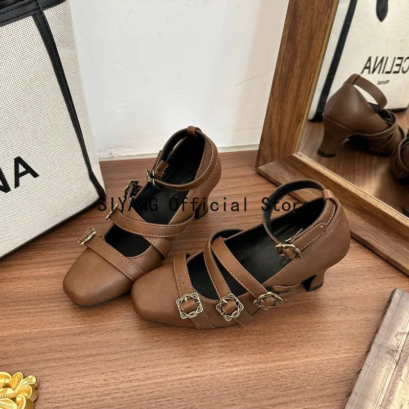 Sweet Lolita Cross Buckle Strap Women Mary Jane Shoes Fashion Multi Metal Buckle Shoes Retro Wedding Party Dress Ladies Pumps