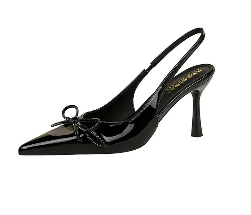 Korean Style Pointed Toe High Heels Shallow Mouth Hollow Bow Back Trip Strap Women's Shoes Thin Heels Back Empty Shoes Women