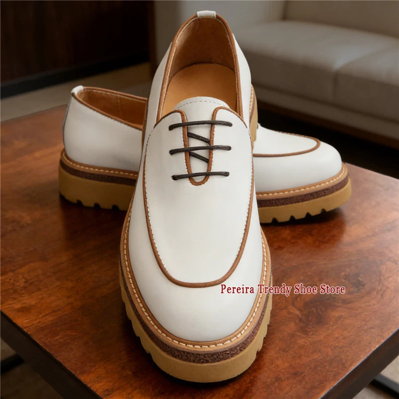 Classic Handmade Thick Soled Derby Shoes for Men British Style White Cowhide Business Dress Shoes Fashion Groom Wedding Shoes