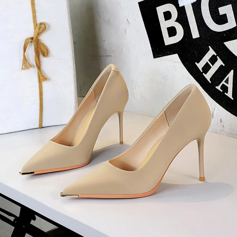 Banquet Fashion Metal Toe High Heels Women's Pointed Toe Shallow Mouth Thin Heels Women's Shoes Temperament Single Shoes