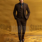 Fashion Herringbone Men's Suit 3 Piece Vintage Style Single Breasted Blazer Vest Pants Formal Smart Casual Wedding Party Outfit