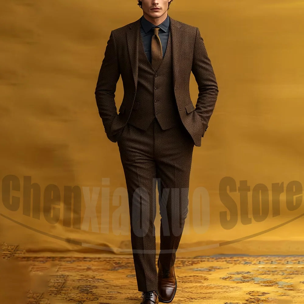 Fashion Herringbone Men's Suit 3 Piece Vintage Style Single Breasted Blazer Vest Pants Formal Smart Casual Wedding Party Outfit