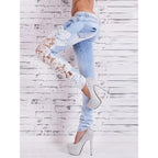 Lace Spliced Hollow Out Blue Jeans for Women Chic New Fashion Slim High Waisted Jeans Chic Vintage Skinny Pencil Pants