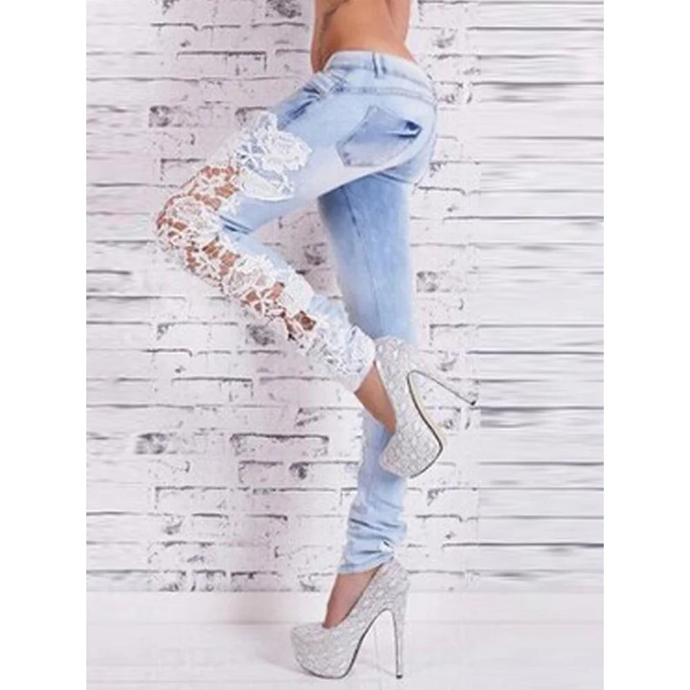 Lace Spliced Hollow Out Blue Jeans for Women Chic New Fashion Slim High Waisted Jeans Chic Vintage Skinny Pencil Pants