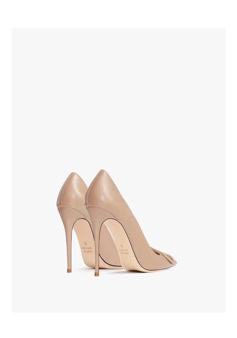 women fashon pumps with V buckle nude high heels with matte finish comfortable soft stilettos for dress