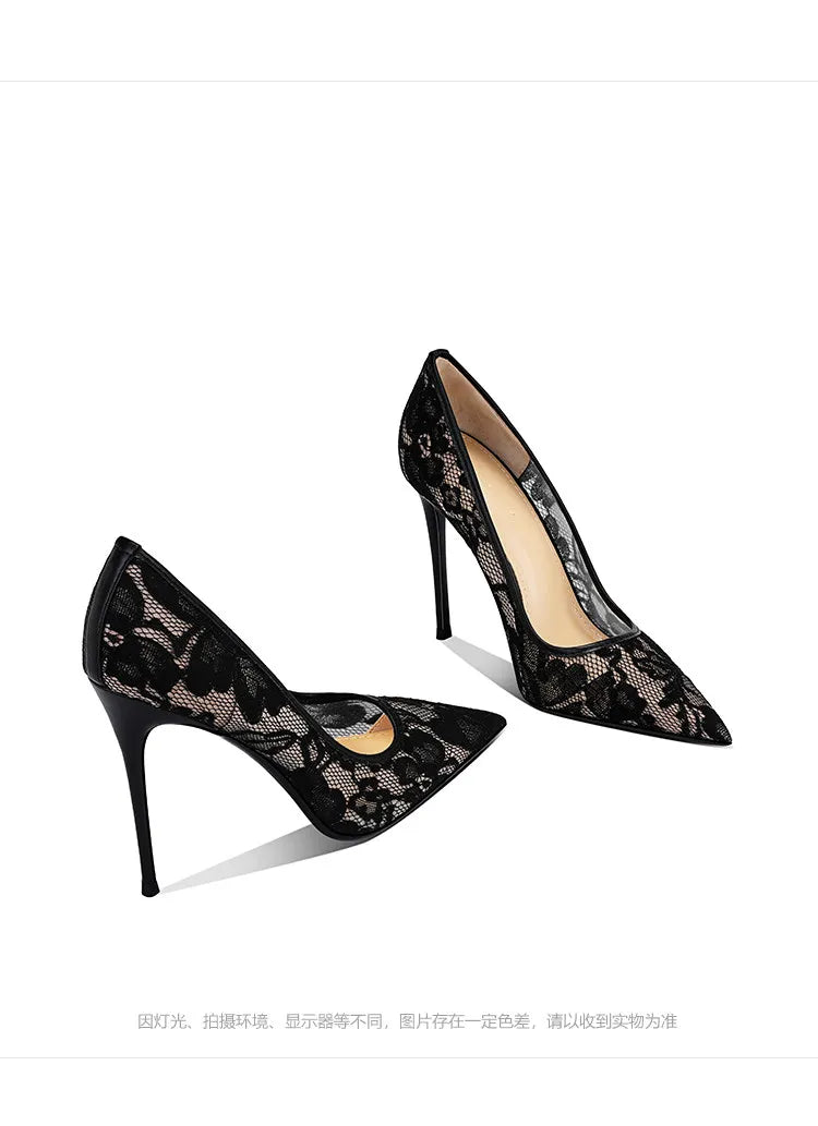 Black lace high heels for women, 2026 new slim heel pointed sexy versatile French spring and summer breathable single shoes