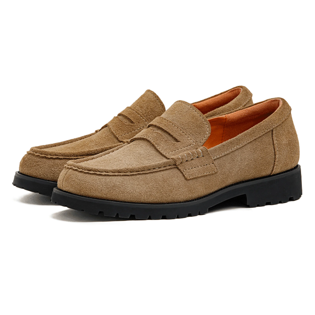 Maden Men's Vintage Suede Cowhide Penny Loafers Old Money Style Slip-On Shoes Brown Dress Casual Low Top Boots for Fall