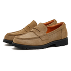 Maden Men's Vintage Suede Cowhide Penny Loafers Old Money Style Slip-On Shoes Brown Dress Casual Low Top Boots for Fall
