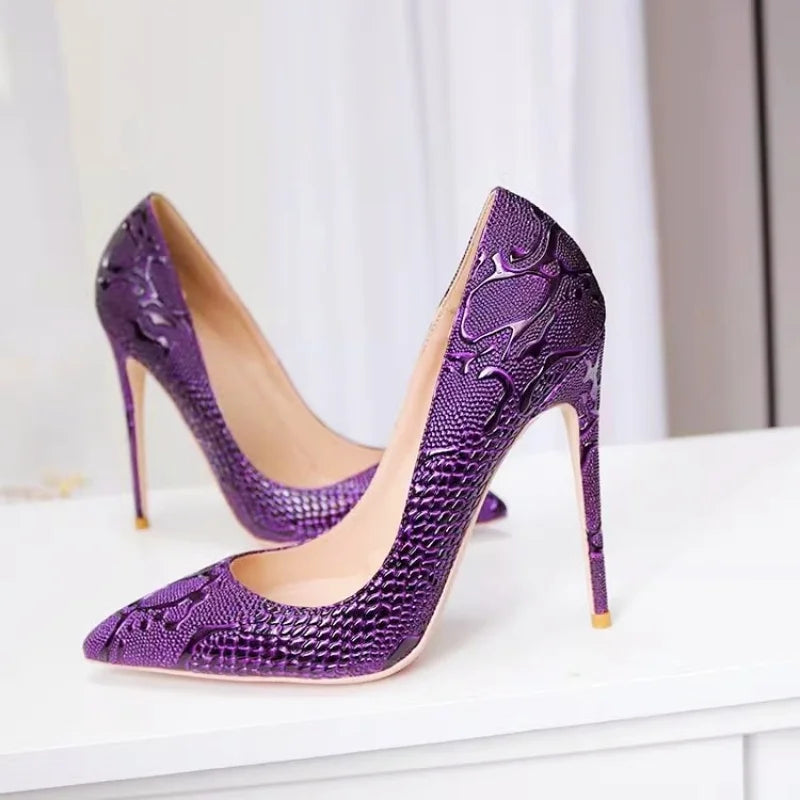 Purple Embossed Crocodile Effect Women Pointy Toe Slip On High Heel Shoes for Party Sexy Ladies Dress Stiletto Pumps