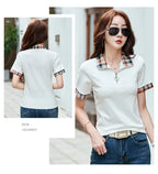 New Women Summer Cotton Polo T-shirt Fashion Button Plaid Turn-down Collar Short Sleeve Slim T-shirt Simplicity Casual Tees Tops