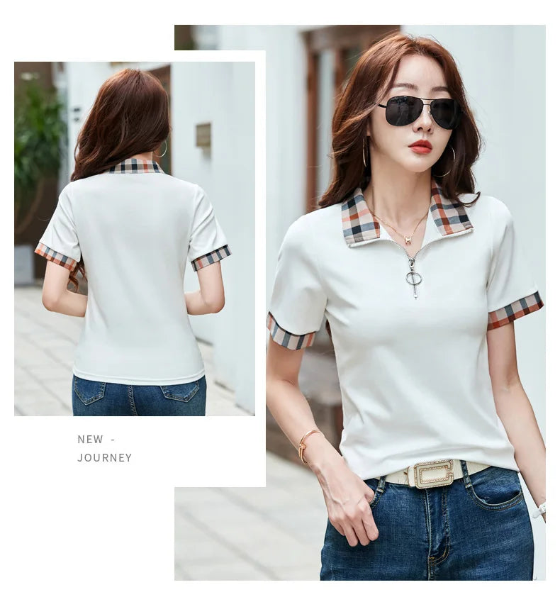 New Women Summer Cotton Polo T-shirt Fashion Button Plaid Turn-down Collar Short Sleeve Slim T-shirt Simplicity Casual Tees Tops