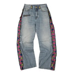 Japanese Anime Zip Off Panel Jeans Woman High Waist Wide Leg Detachable Print Denim Pants Purple Gold Patchwork Straight Jeans
