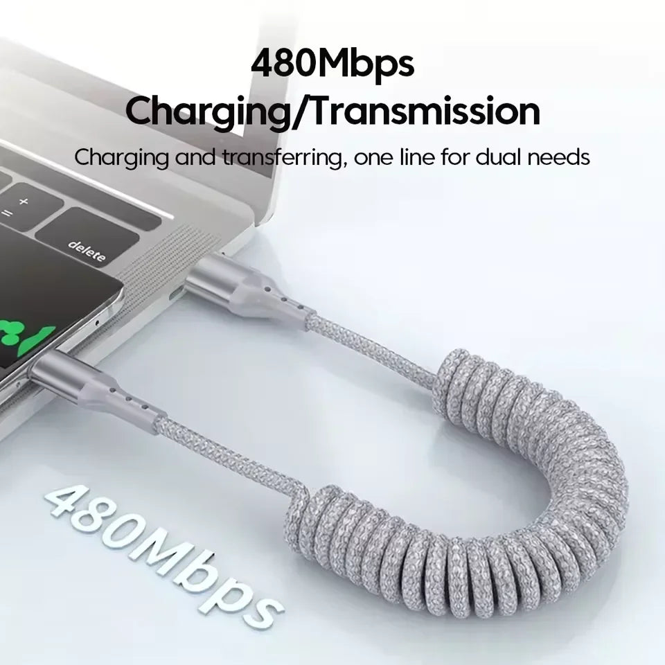 25CM To 1.5M Car Spring Charge Cable 100W Fast Charging USB C To Type C Cable For iPhone 16 15 Huawei Xiaomi Samsung Type C Cord