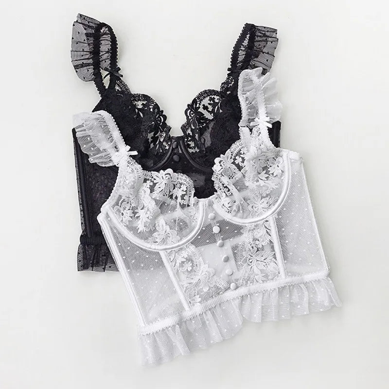 French Embroidery Lace Women's Bra Set Top Sweet Female Wedding White Bralette Vest Sexy Corset Bras Comfortable Intimates
