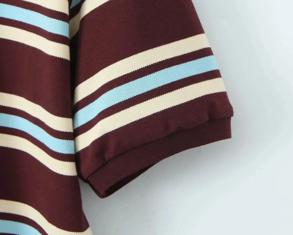 Summer Ladies Polo Shirts Woman Shorts Short Sleeve Brown Striped Vintage Clothes Polo Shirts Mujer Streetwear Crop Tops Casual