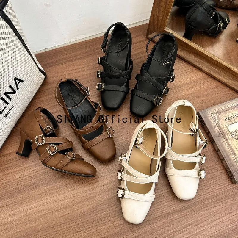 Sweet Lolita Cross Buckle Strap Women Mary Jane Shoes Fashion Multi Metal Buckle Shoes Retro Wedding Party Dress Ladies Pumps
