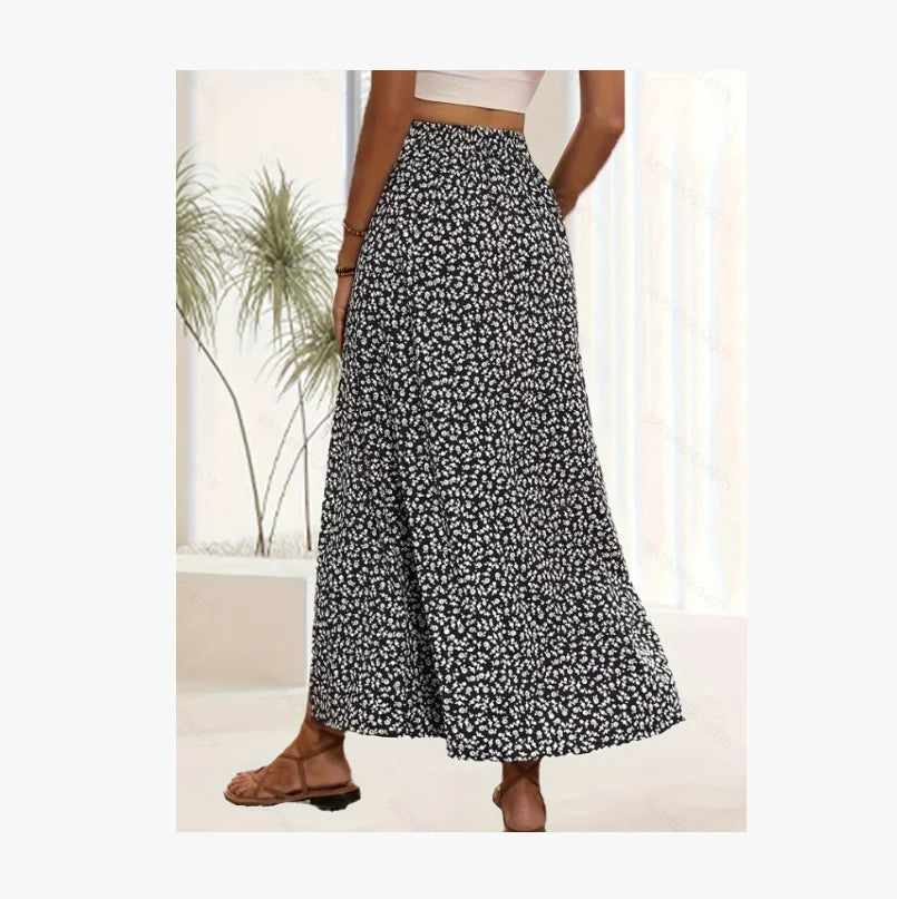 Spring and summer women's fashionable and sexy floral split high waisted elastic printed skirt