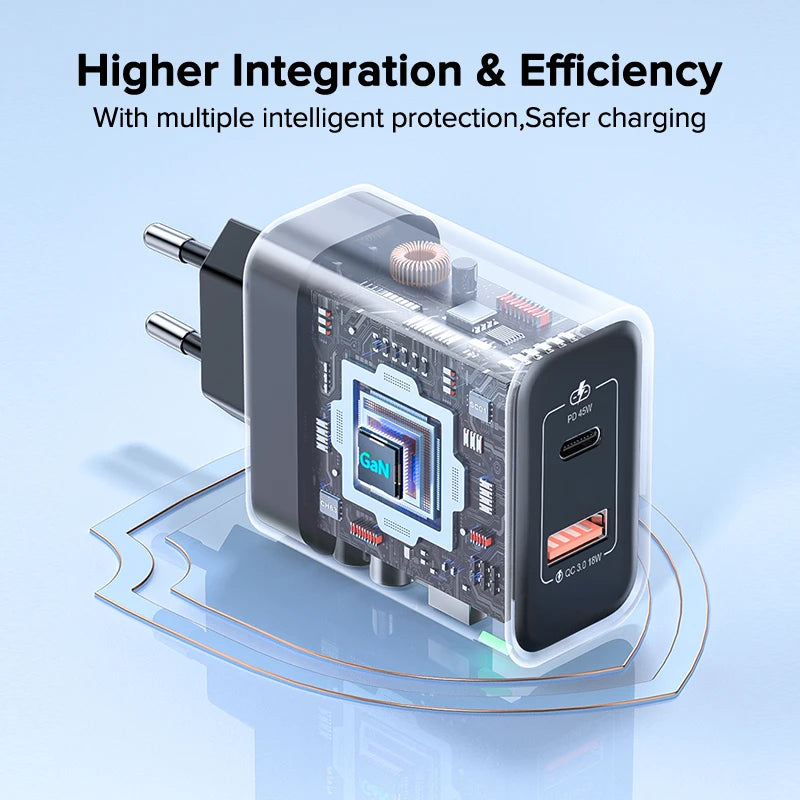 QOOVI GaN 45W USB Charger Fast Charging USB Type C Wall Charger PD QC3.0 Quick Charge For iPhone Samsung S23 S21 Laptop Tablet