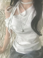 Elegant Polka Dot Bow tied Off shoulder Summer Top Women Irregular Short sleeve T shirt Korean Slim fit Casual Plain Tees