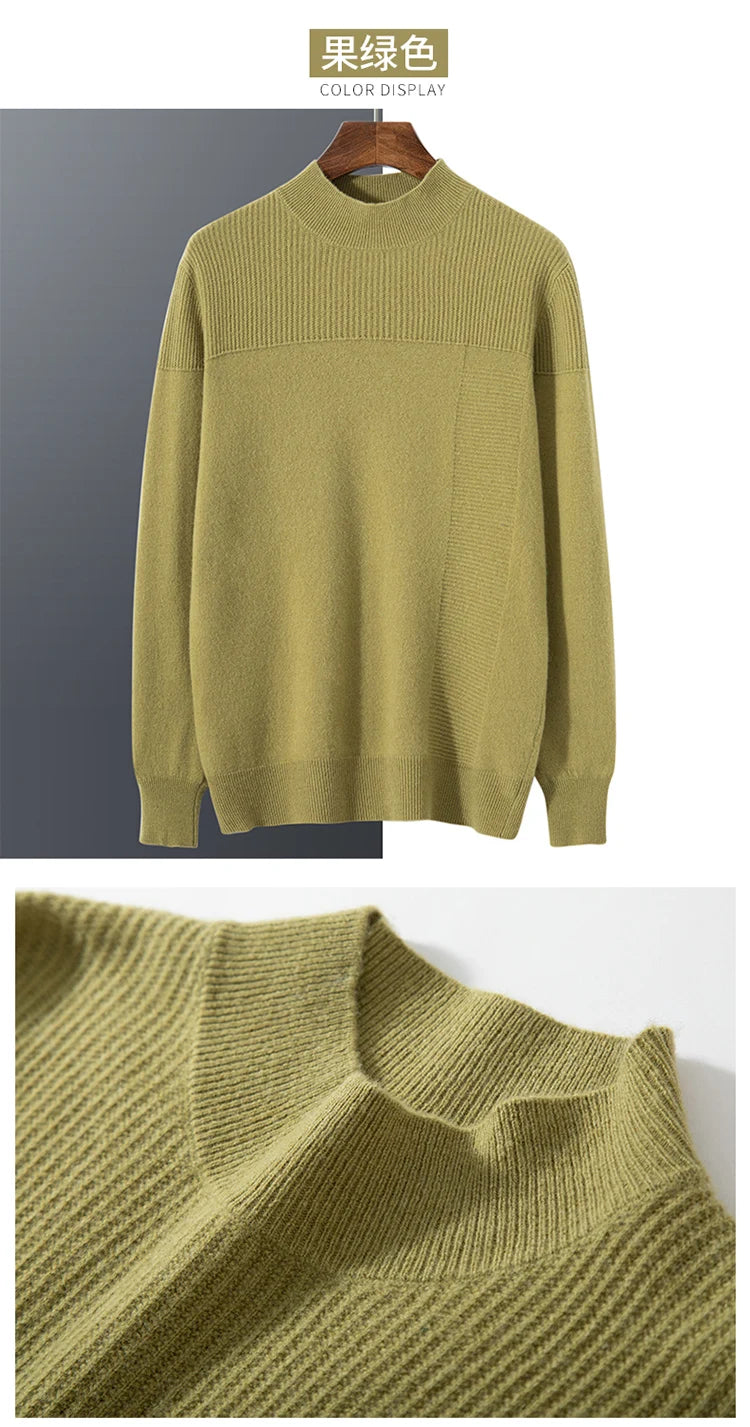 Autumn and winter new 100% pure wool men's semi-turtle neck loose knit solid color Joker casual knit bottoming shirt.