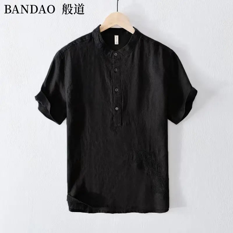 Chinese Style Spring and Summer Loose High-end Men's Linen Short-sleeved Cotton Linen Casual Breathable Shirt Collar T-shirt