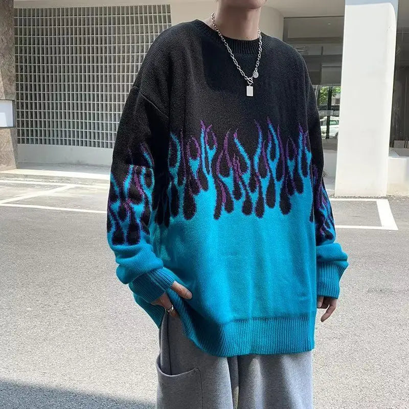 Fashion Gradient Flame Print Oversized Long Sleeve Sweaters Casual Pullovers Men's Clothing All-match Korean Loose Knitting Tops