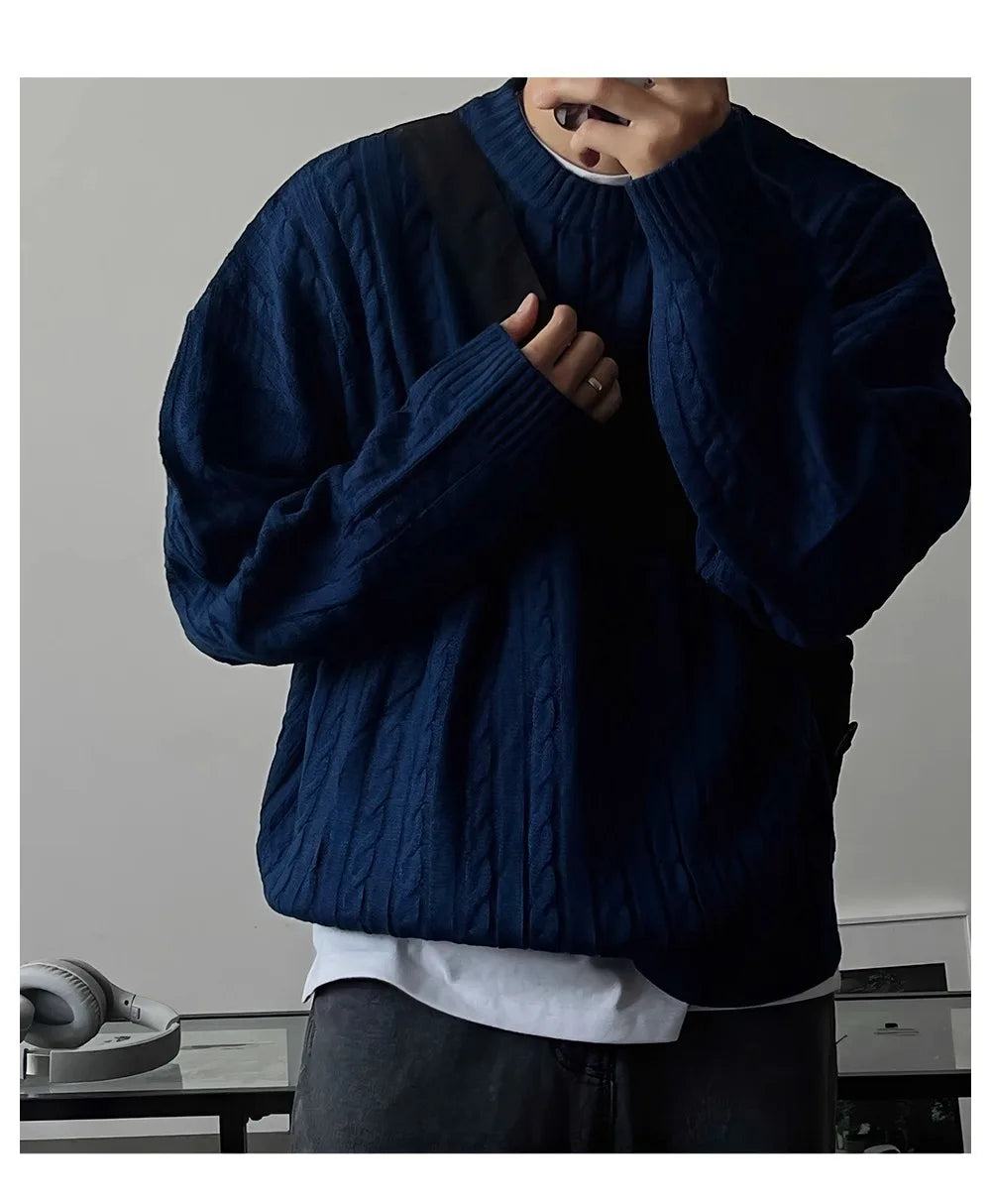 Men's Knitting Sweater 2026 Spring Autumn 0-neck Long Sleeve Knit Sweater Dark Blue Hemp Pattern Drop Shoulder Thicken Pullover