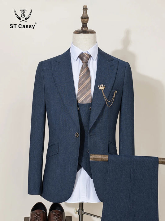 ST Cassy High-End Brand Formal Business Men's Suits Single Breasted Solid Color Slim Fit Suit Wedding Three-Piece