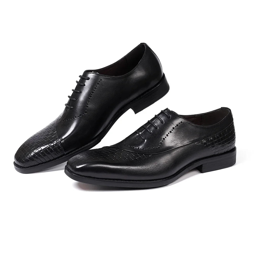Men's Genuine Leather Oxfords Fashion Pointed Toe Wedding Party Dress Shoes Luxury Lace-Up Office Career Formal