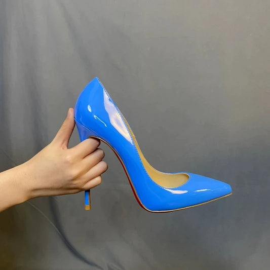 New blue high heels, socialite edition, customized sexy patent leather slim heel plus size women's single shoes