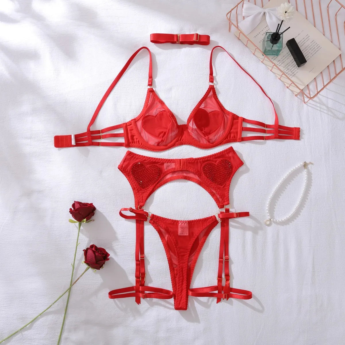 Ellolace Tempted Women's Lingerie Sets Daring Heart Rhinestone Bra Belt Thong 3PC with Choker Leg Circles Intimate Miss Outfits