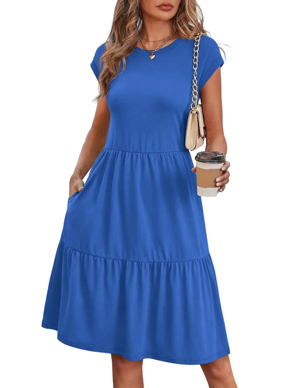 Women Cap Sleeve Casual Tiered Swing Dress Floral Print Summer Beach Vacation Dress