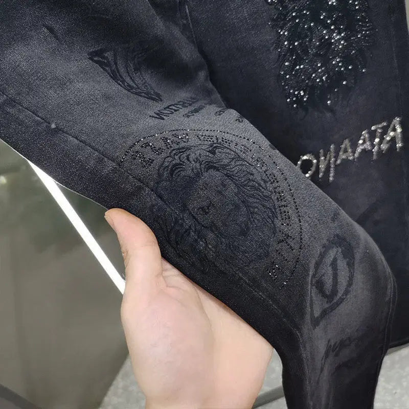 Hot-Stamped Rhinestone Men's Jeans, Trendy Brand, Stretchy Slim Fit, Embroidered and Printed Men's Trousers