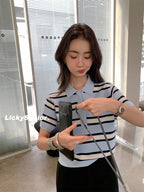 Striped POLO Neck Ice Silk Short Sleeved Women's Summer Thin Fashion Loose Lapel Knit Top