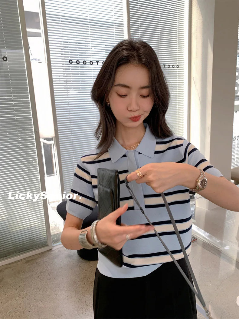 Striped POLO Neck Ice Silk Short Sleeved Women's Summer Thin Fashion Loose Lapel Knit Top