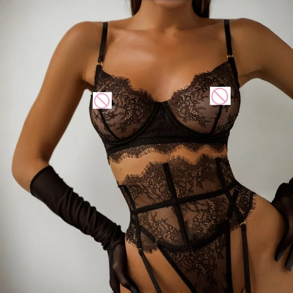 New Eyelash Lace 5-Piece Lingerie Set for Women with Underwire Bra Waistband  Garter Belt Leg Rings Gloves Sexy Comfortable