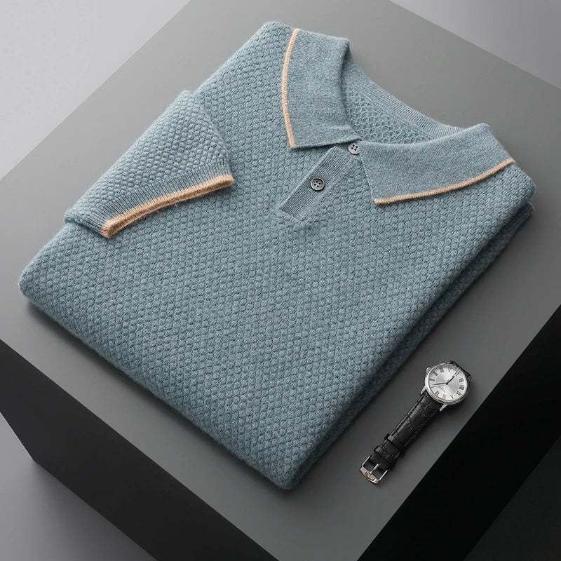 ZOCEPT 100% Cashmere Short Sleeve Sweater Autumn Winter New Casual Business Knitted Button-up Polo Collar Pullover for Men