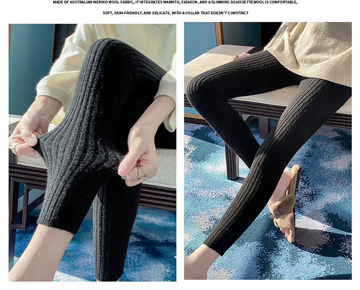 Autumn Winter 100% Merino Wool Leggings for Women Thickening Leggings Small Feet Pencil Pants Outdoor Casual Stretchy Pants