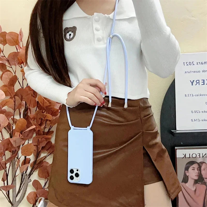 Crossbody Strap Lanyard Silicone Phone Case For iPhone 16 15 14 13 12 Mini 11 Pro Max Plus Candy Color Soft TPU Back Cover