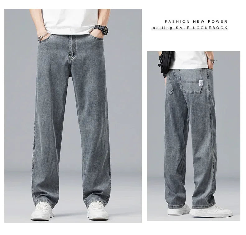 2026 New Summer Ultra-thin Lyocell Men's Jeans Drape Soft Fabric Loose Straight Casual Denim Pant Elastic Ice Silk Male Trousers