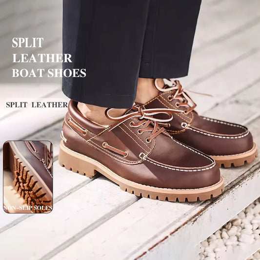 Maden Men's Vintage Boat Shoes Lace-up Round Toe Derby Shoes Low Top Boots British Style Classic Work Dress Shoes