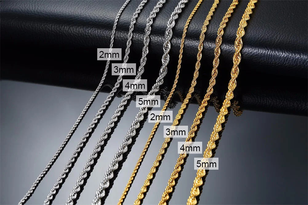 Casual Punk Rope Long Chain Necklace for Men Women,Silver Gold Color Stainless Steel Twisted Chain Collars,Hiphop Jewelry Gift