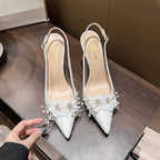 French Bride Gold Wedding Shoes spring women Thin Heel Pointed Shallow Mouth Flower Rhinodrill High Heels  Fashion Sandals