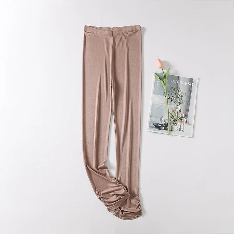 Birdtree Women Leggings Knitted Natural Silk 3/4 Length Slim Pants Anti Emptied Bottoms Black Khaki Summer 2023 New B37129QC