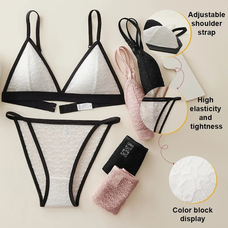 Women French Lace Bra and Panties Set Non-wire Bralette Bra Low-Rise Briefs Sexy Lingerie Female Lace Underwear Set
