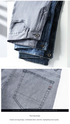2026 Brand Thin or Thick Material Straight Cotton Stretch Denim Men's  Business Casual High Waist Light Grey Blue Jeans
